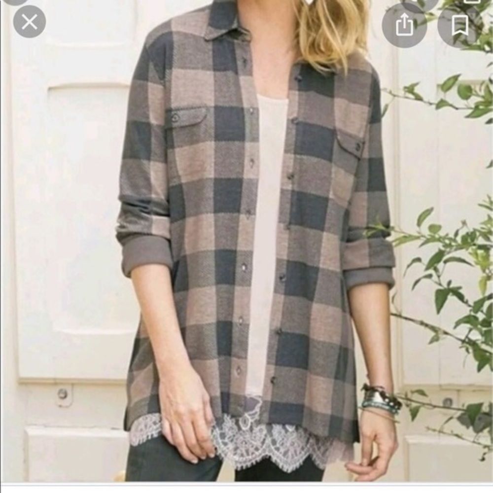 Soft Surroundings Button Down Shirt Pink Grey Buffalo Plaid Check Small